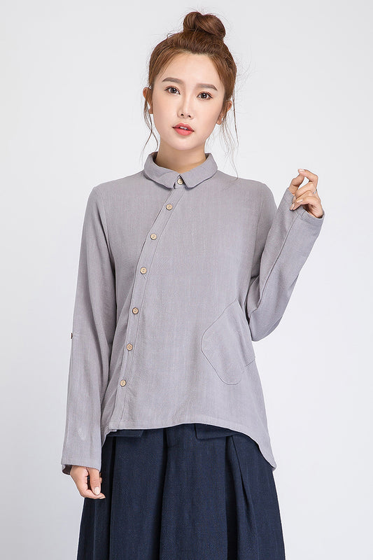 long sleeve linen shirt, gray tunic shirt, collared shirt, pocket shirt, women shirt 1921