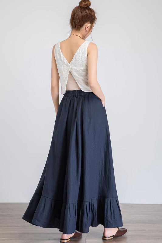 navy ruffle skirt, maxi linen skirt, party skirt, swing skirt, womens skirt 1923#
