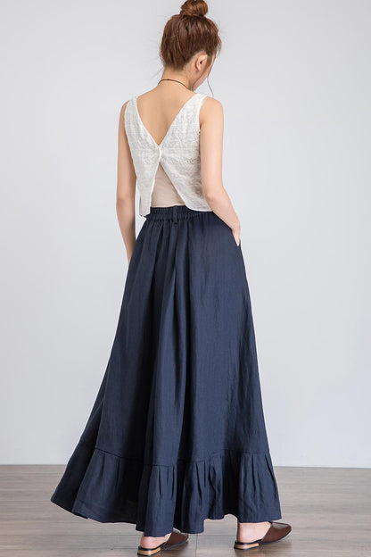 Navy Linen Maxi Skirt - Ruffle Hem, Elastic Waist 1923