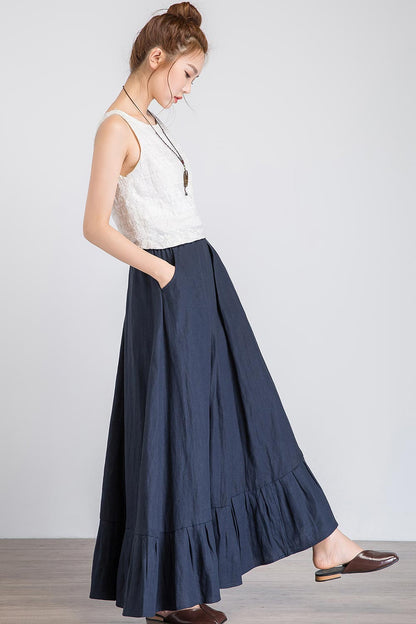 Navy Linen Maxi Skirt - Ruffle Hem, Elastic Waist 1923