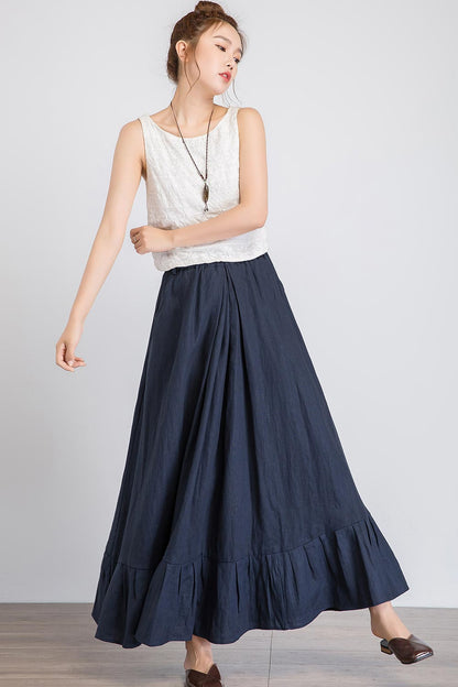 Navy Linen Maxi Skirt - Ruffle Hem, Elastic Waist 1923
