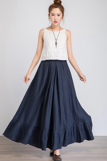 Navy Linen Maxi Skirt - Ruffle Hem, Elastic Waist 1923