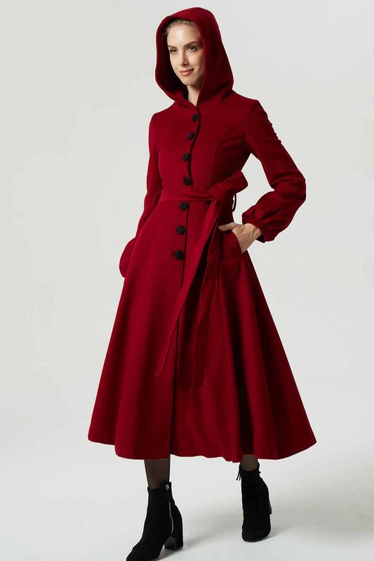 Red Wool Blend Midi Coat - Hooded with Lantern Sleeves 3184