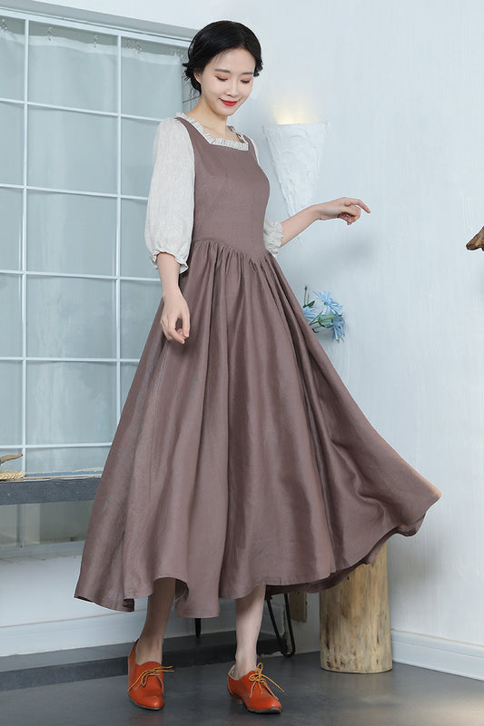 Vintage Inspired Princess Long Linen Custom Pleated Dress 3368