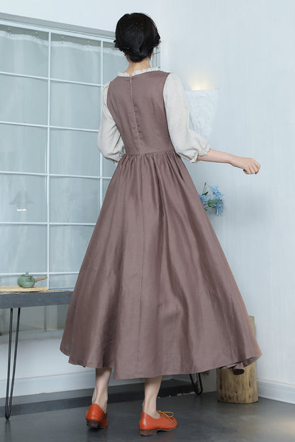 Brown Linen Maxi Dress - Pleated, Square Neckline with Ruffle 3368