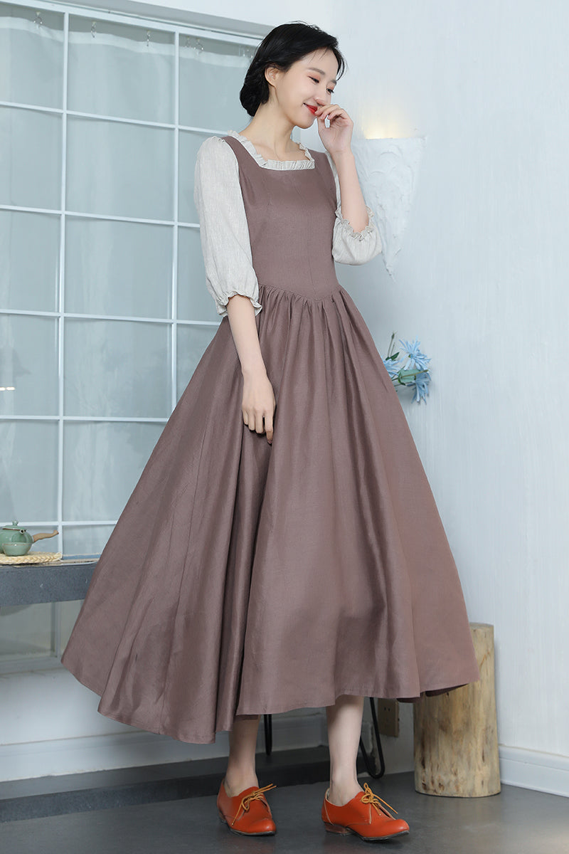 Brown Linen Maxi Dress with Pleated Skirt and Square Ruffle Neckline – Xiaolizi