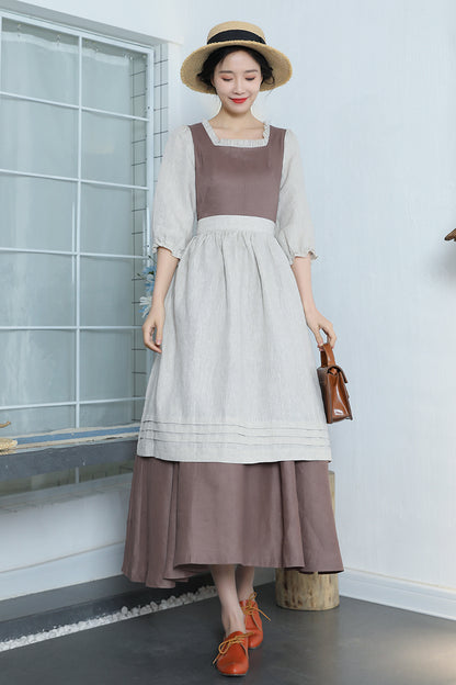 Brown Linen Maxi Dress - Pleated, Square Neckline with Ruffle 3368