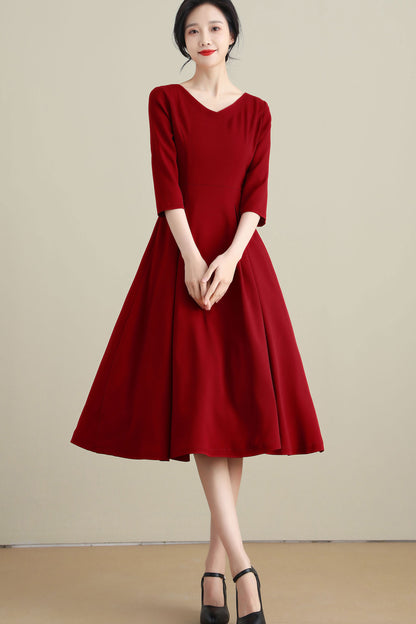 Red Linen Cotton Midi Dress - V Neck Pleated Swing 3270