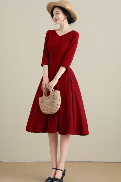 Red Linen Cotton Midi Dress - V Neck Pleated Swing 3270