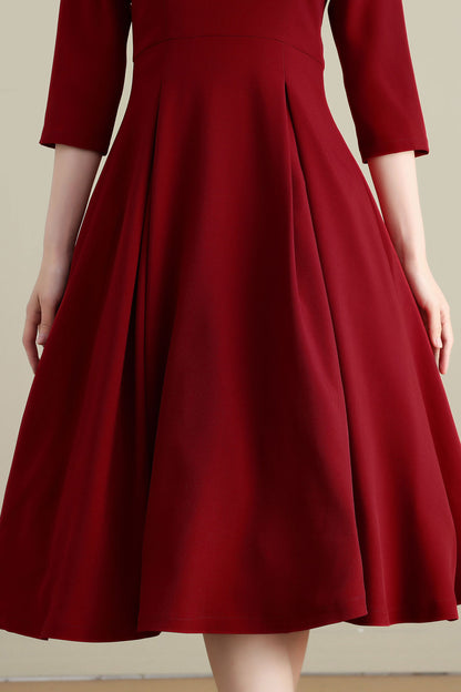Red Linen Cotton Midi Dress - V Neck Pleated Swing 3270