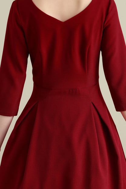 Red Linen Cotton Midi Dress - V Neck Pleated Swing 3270
