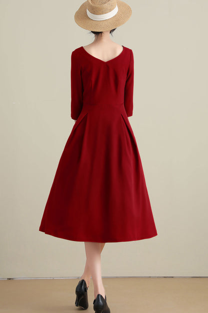 Red Linen Cotton Midi Dress - V Neck Pleated Swing 3270