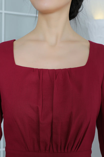 Wine Red Linen Maxi Dress - Vintage Fit & Flare with Square Neckline 3370