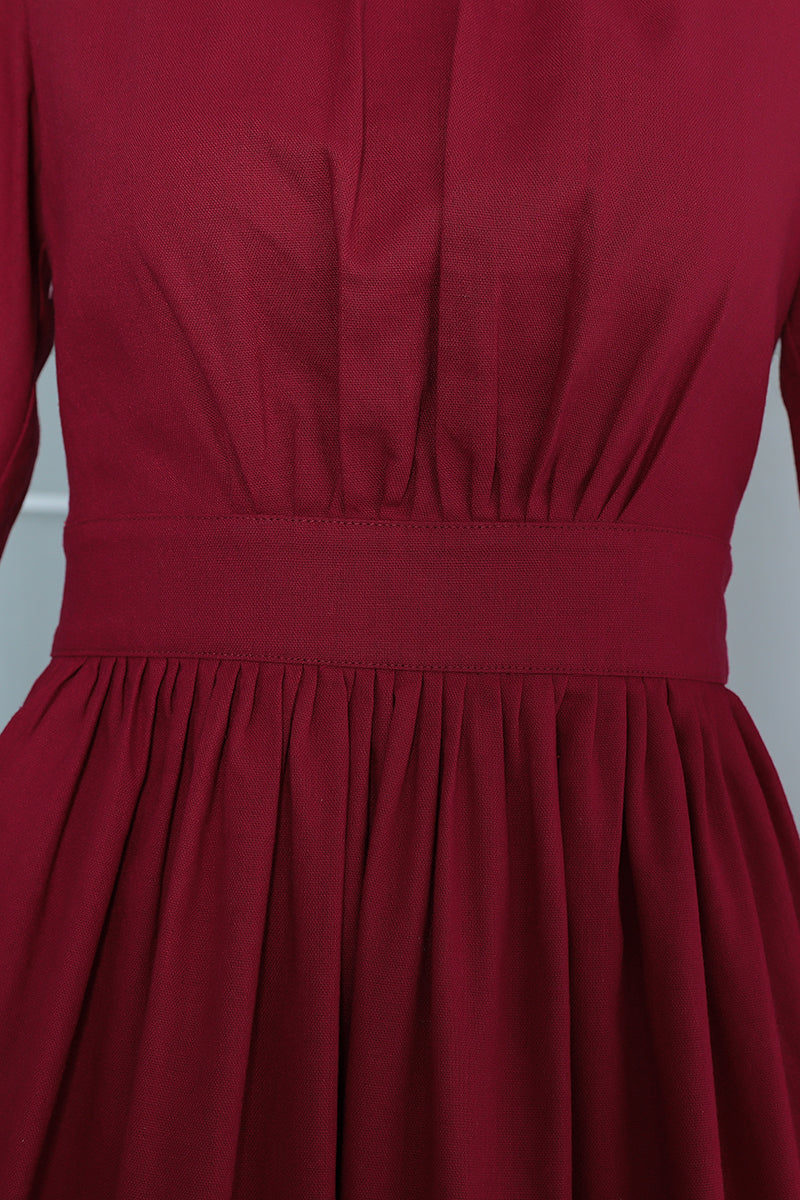 Spring Wine Red Vintage Inspired Linen Dress 3370