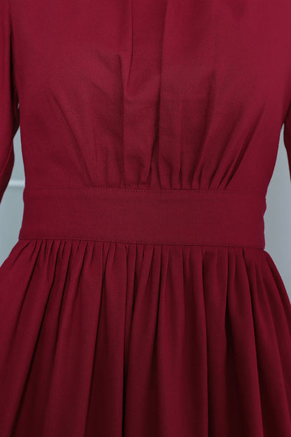 Wine Red Linen Maxi Dress - Vintage Fit & Flare with Square Neckline 3370