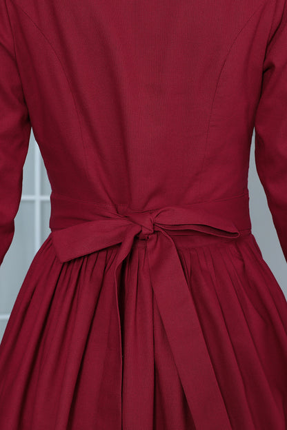 Wine Red Linen Maxi Dress - Vintage Fit & Flare with Square Neckline 3370