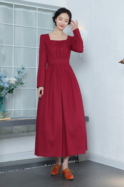 Wine Red Linen Maxi Dress - Vintage Fit & Flare with Square Neckline 3370