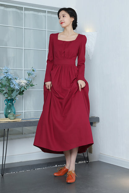 Wine Red Linen Maxi Dress - Vintage Fit & Flare with Square Neckline 3370
