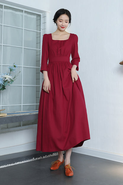 Wine Red Linen Maxi Dress - Vintage Fit & Flare with Square Neckline 3370