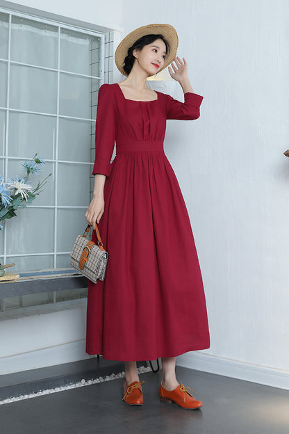 Spring Wine Red Vintage Inspired Linen Dress 3370