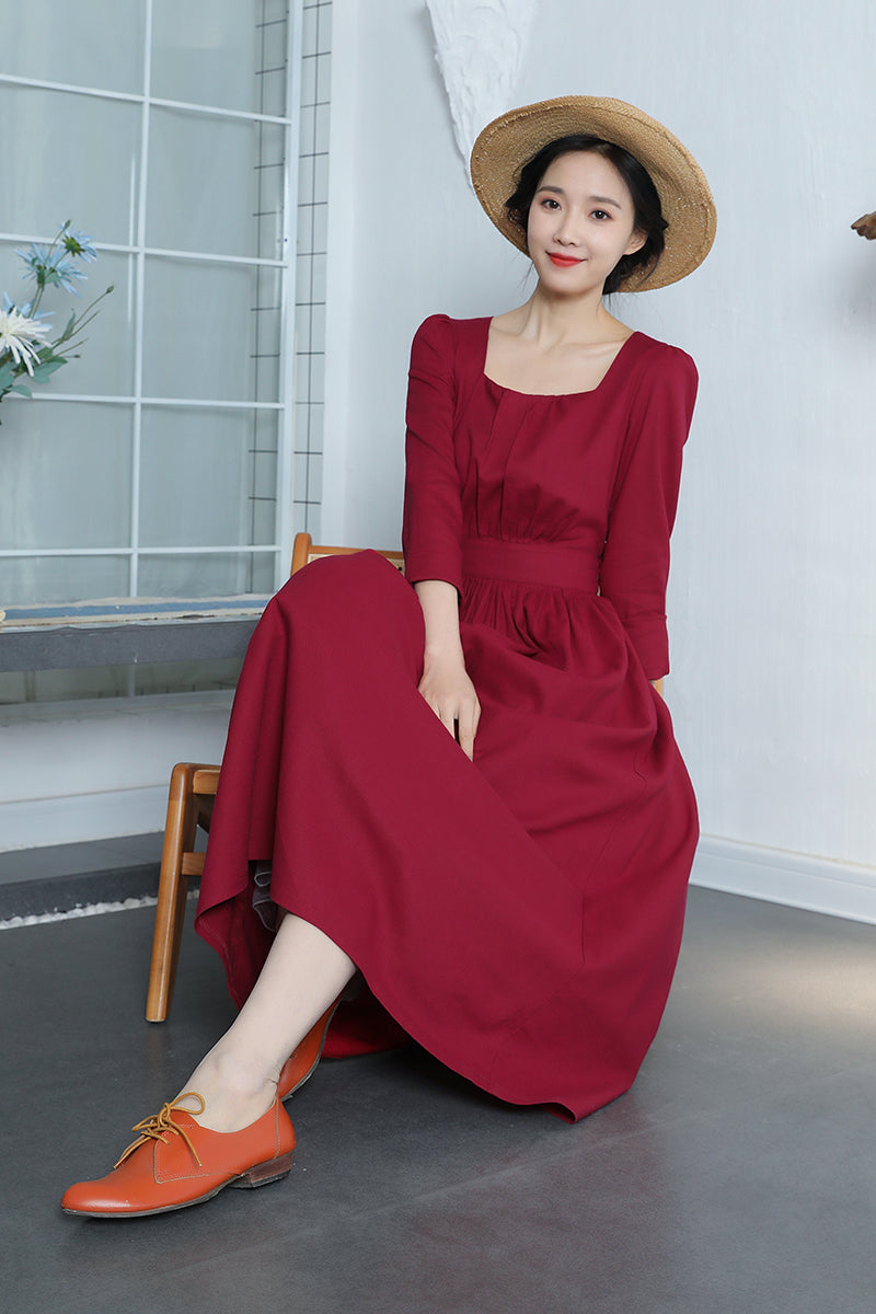 Spring Wine Red Vintage Inspired Linen Dress 3370