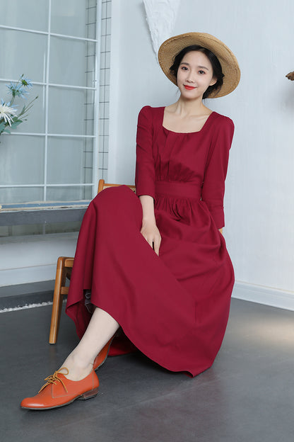 Wine Red Linen Maxi Dress - Vintage Fit & Flare with Square Neckline 3370