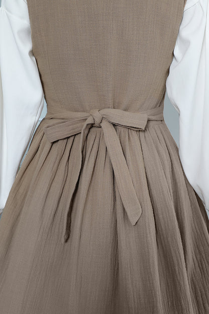 Brown Linen Midi Dress - Sleeveless, Button-Up Elegant Fit 3353