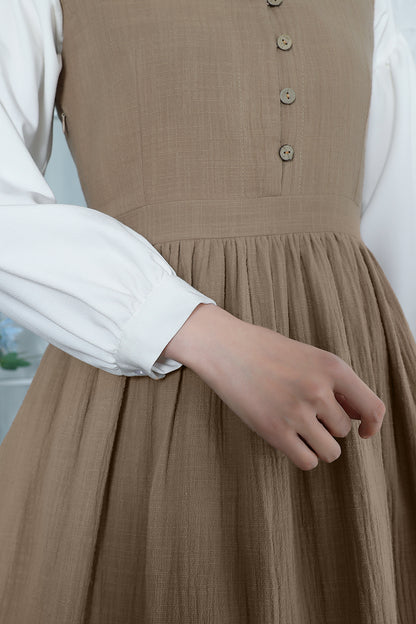 Brown Linen Midi Dress - Sleeveless, Button-Up Elegant Fit 3353