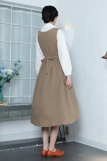 Brown Linen Midi Dress - Sleeveless, Button-Up Elegant Fit 3353
