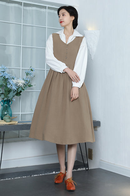 Brown Linen Midi Dress - Sleeveless, Button-Up Elegant Fit 3353