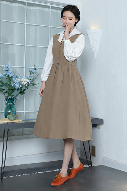 Brown Linen Midi Dress - Sleeveless, Button-Up Elegant Fit 3353