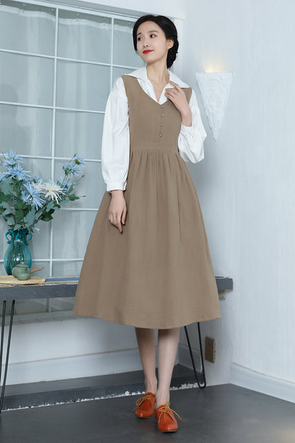 Brown Linen Midi Dress - Sleeveless, Button-Up Elegant Fit 3353