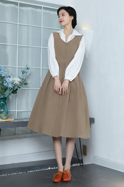 Brown Linen Midi Dress - Sleeveless, Button-Up Elegant Fit 3353
