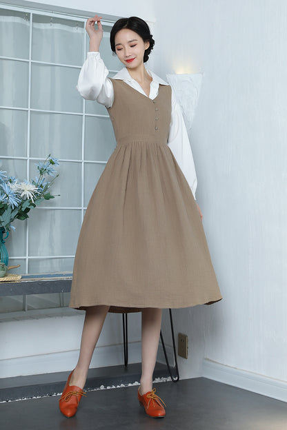 Brown Linen Midi Dress - Sleeveless, Button-Up Elegant Fit 3353