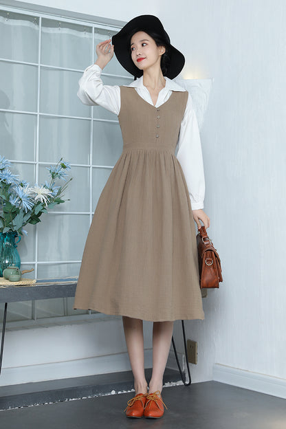 Brown Linen Midi Dress - Sleeveless, Button-Up Elegant Fit 3353