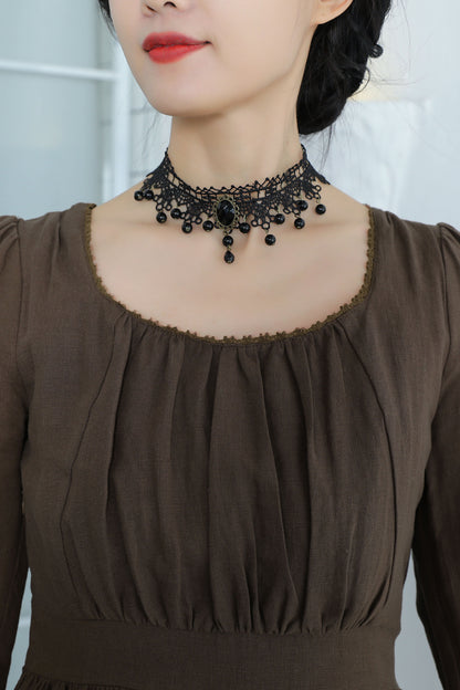 Brown Linen Midi Dress - Fitted Waist with Scoop Neckline 3355