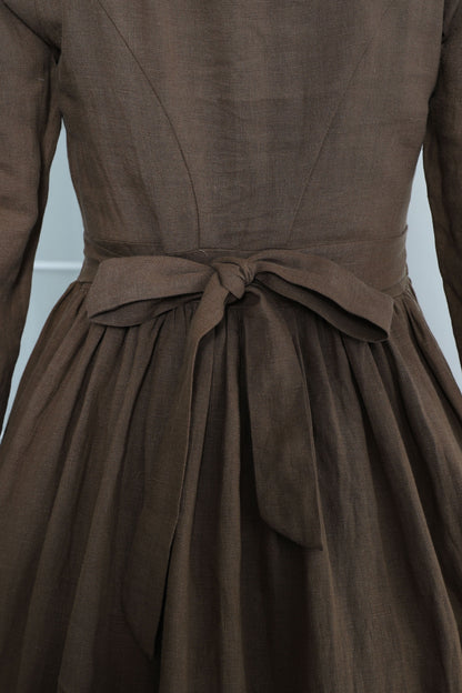 Brown Linen Midi Dress - Fitted Waist with Scoop Neckline 3355