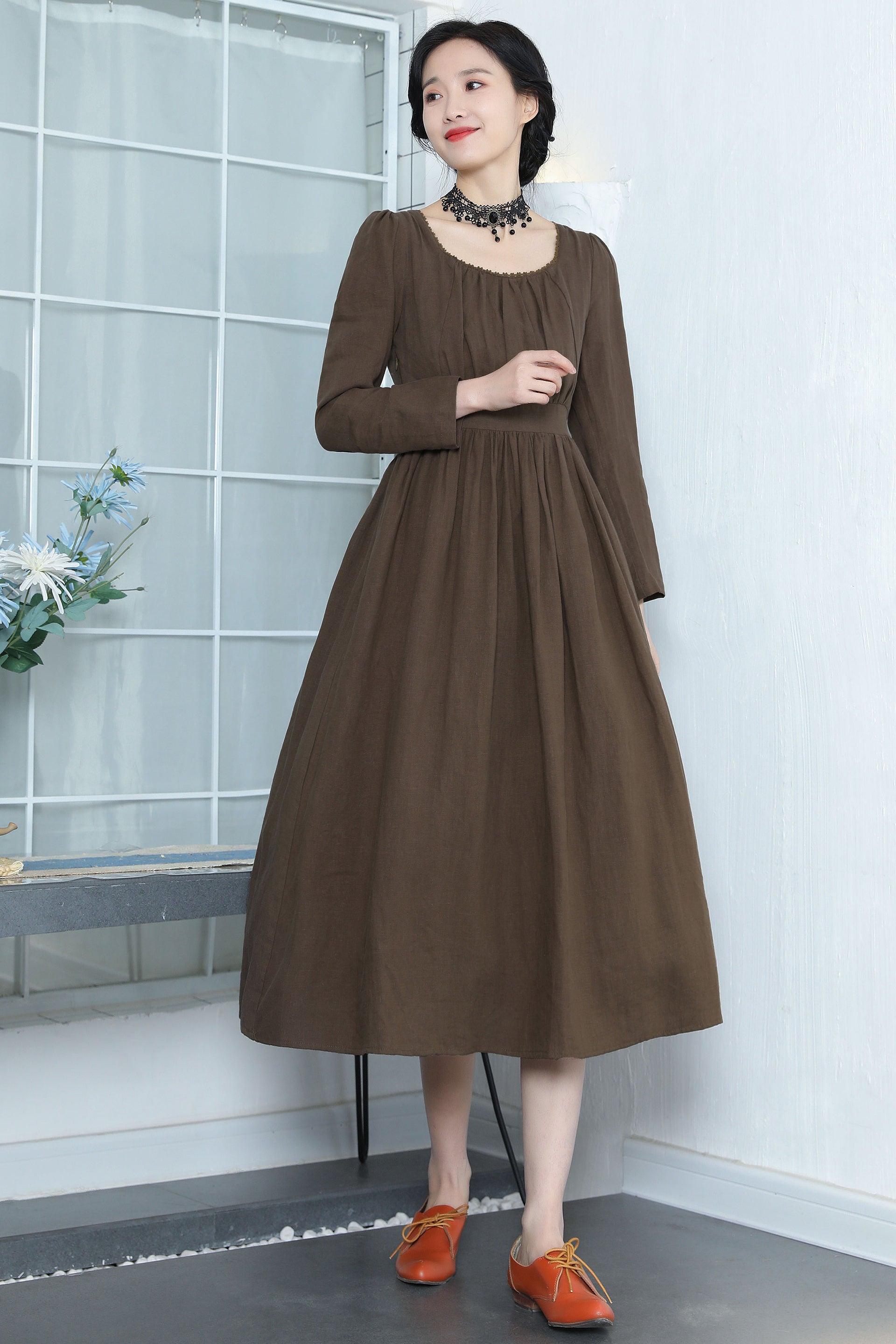 Brown Linen Midi Dress with Fitted Waist and Scoop Neckline – Xiaolizi