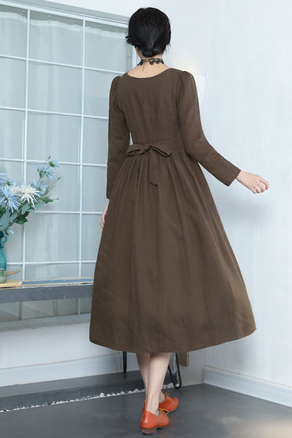 Brown Linen Midi Dress - Fitted Waist with Scoop Neckline 3355