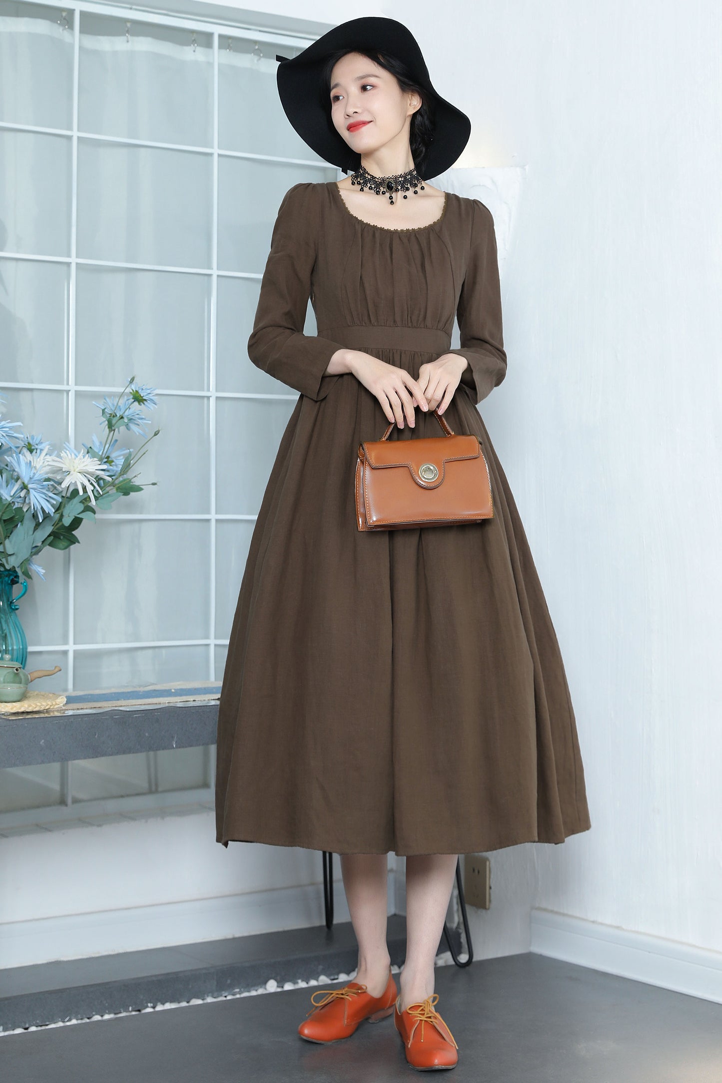 Brown Linen Midi Dress - Fitted Waist with Scoop Neckline 3355