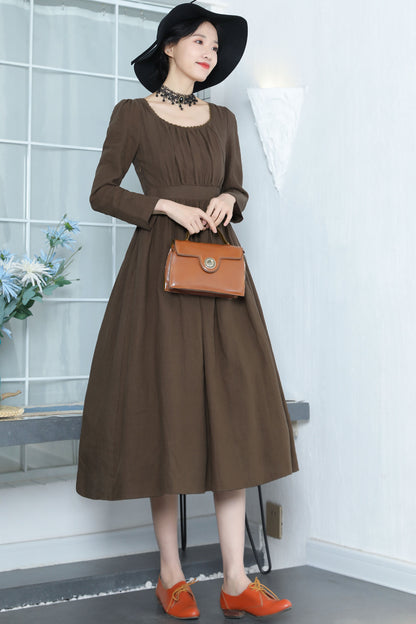 Brown Linen Midi Dress - Fitted Waist with Scoop Neckline 3355
