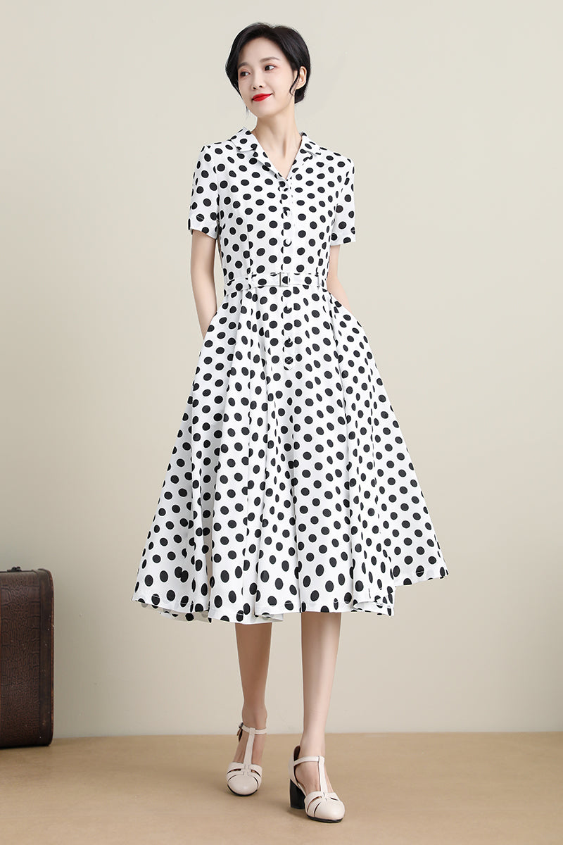 White Polka Dot White Swing Dress With Sleeves White Spot Bow