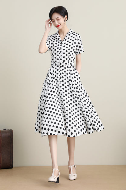 White Polka Dot Midi Dress - Retro Swing Silhouette 3308