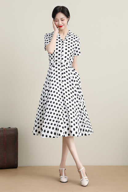 White Polka Dot Midi Dress - Retro Swing Silhouette 3308