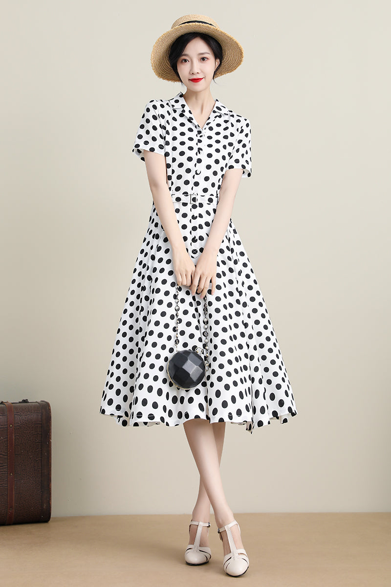 White Polka Dot Midi Dress - Retro Swing Silhouette 3308