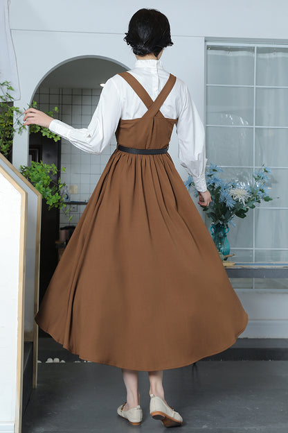 Brown Cotton Linen Swing Dress - Square Neckline, Pleated Waist 3371