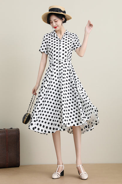 White Polka Dot Midi Dress - Retro Swing Silhouette 3308