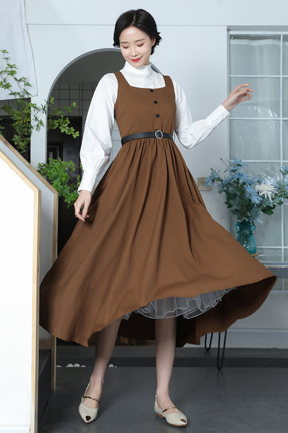 Brown Cotton Linen Swing Dress - Square Neckline, Pleated Waist 3371