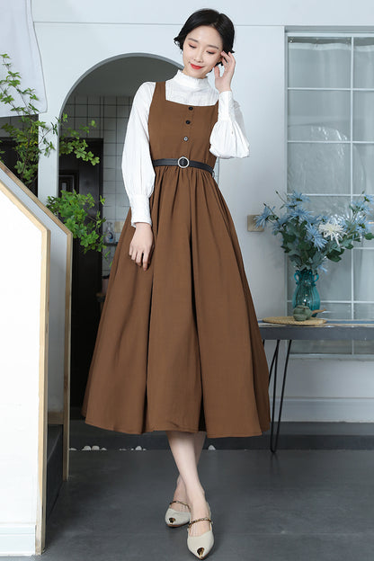 Brown Cotton Linen Swing Dress - Square Neckline, Pleated Waist 3371