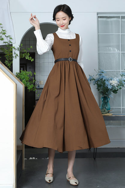 Brown Cotton Linen Swing Dress - Square Neckline, Pleated Waist 3371